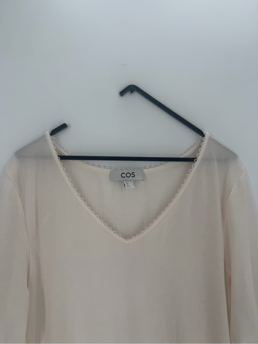 Cos Lace Trimmed Ribbed V Neck Wool Blend T-Shirt In White
